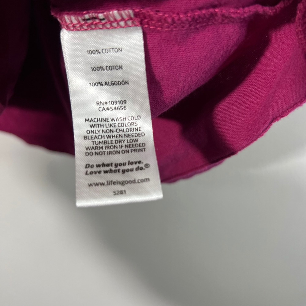 Life is Good Womens Large Magenta Pink Happy Trails Hiking Boots Graphic T-Shirt - Picture 7 of 8